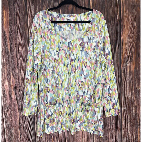 J Jill Pure Jill Tunic Top Womens Medium Pink Yellow Watercolor Pockets Scoop XL - Picture 1 of 8